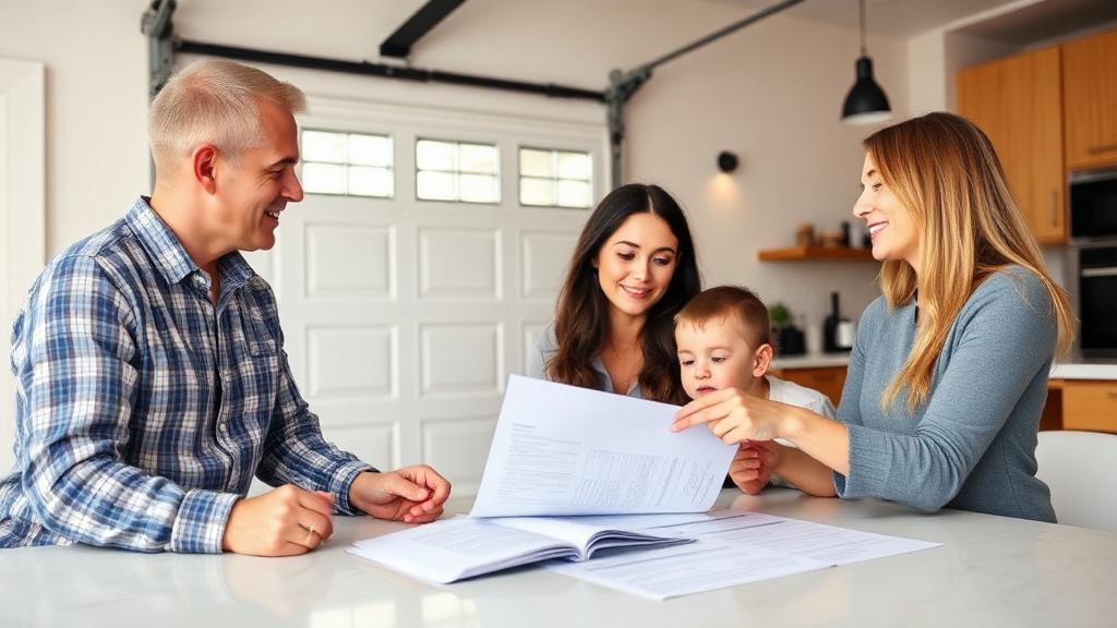 Family reviewing garage door financing paperwork with professional installer
