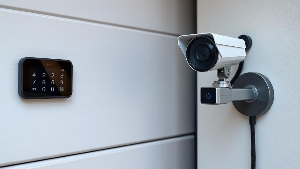 Modern garage door keypad entry system and security camera for home protection