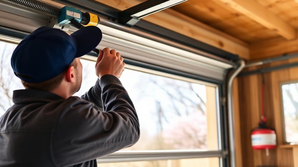 Technician performing spring maintenance on garage door mechanism