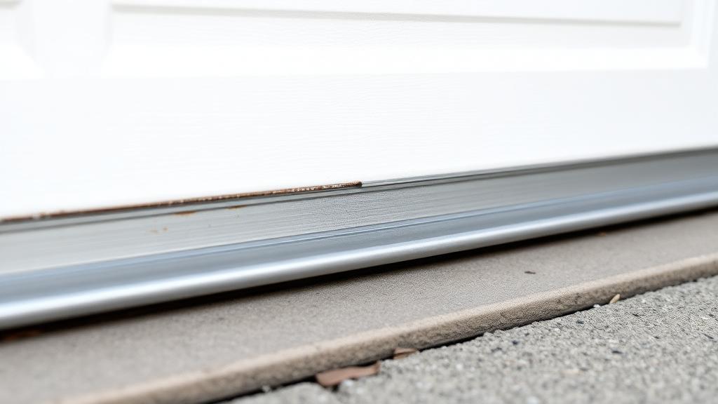 Close-up of garage door weatherstripping seal at bottom of white garage door