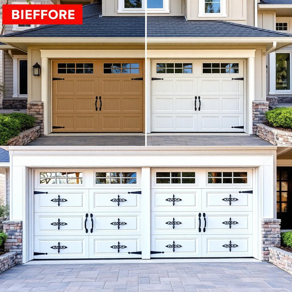 Before and after garage door installation showing dramatic home improvement