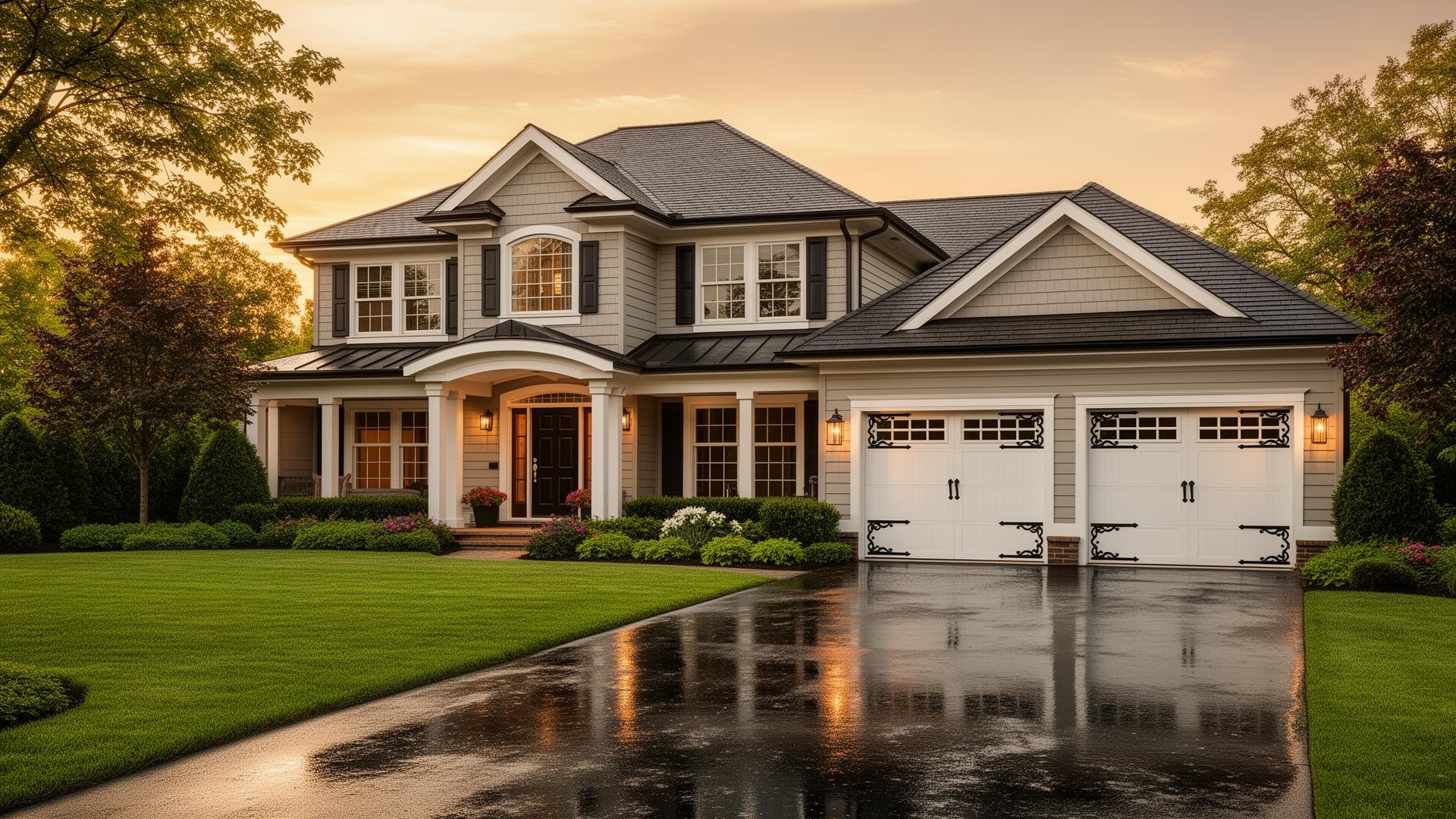 Beautiful home with premium carriage house style garage doors featuring decorative iron hardware