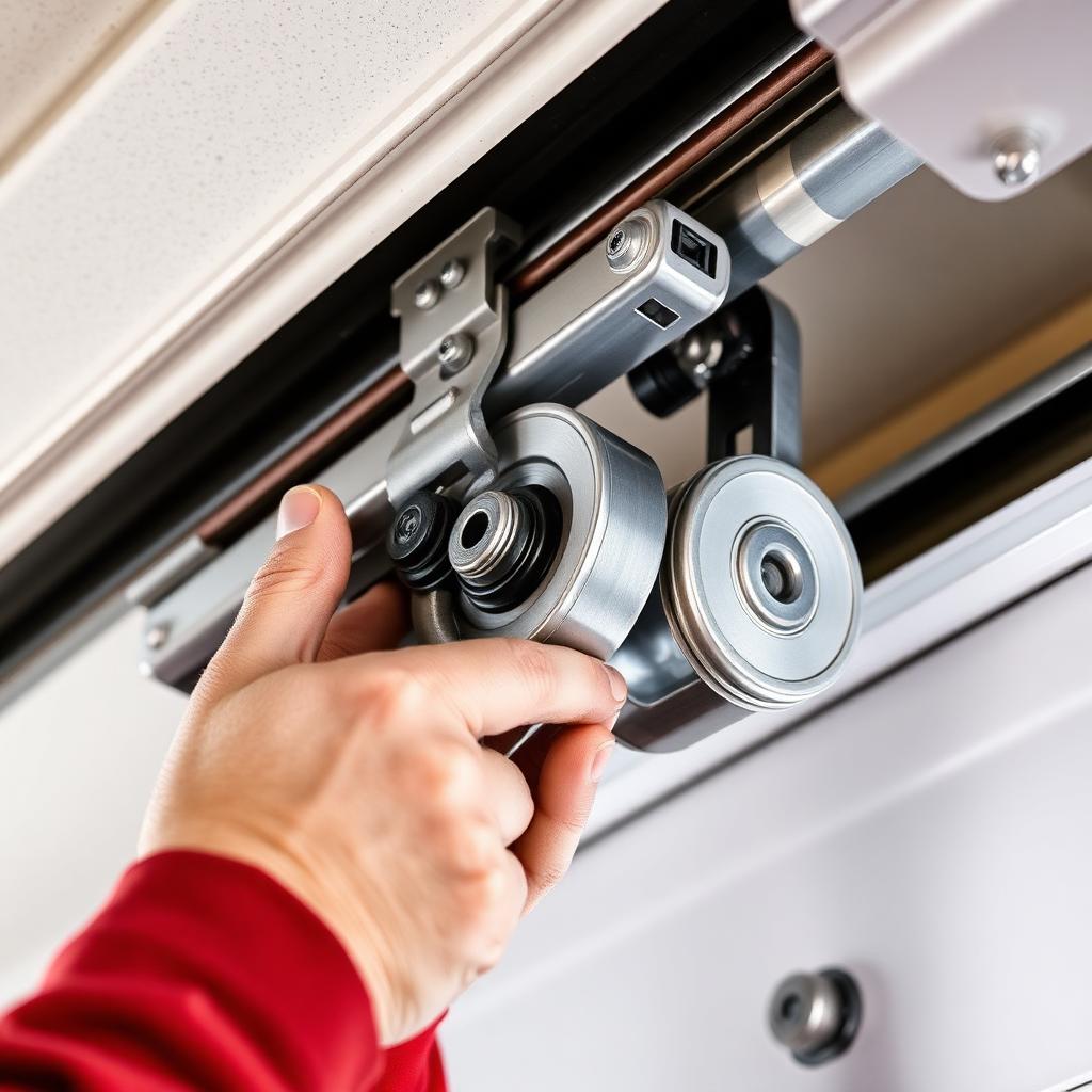 Professional technician repairing garage door roller mechanism