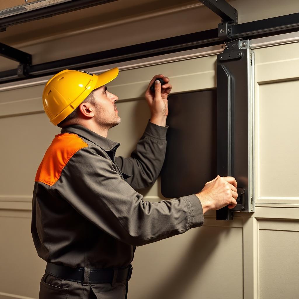 Professional garage door technician carefully installing new door panel